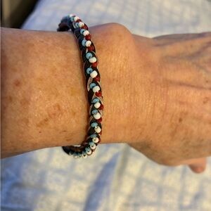 Kids Braided Leather Bracelet - Red, white, and blue beads